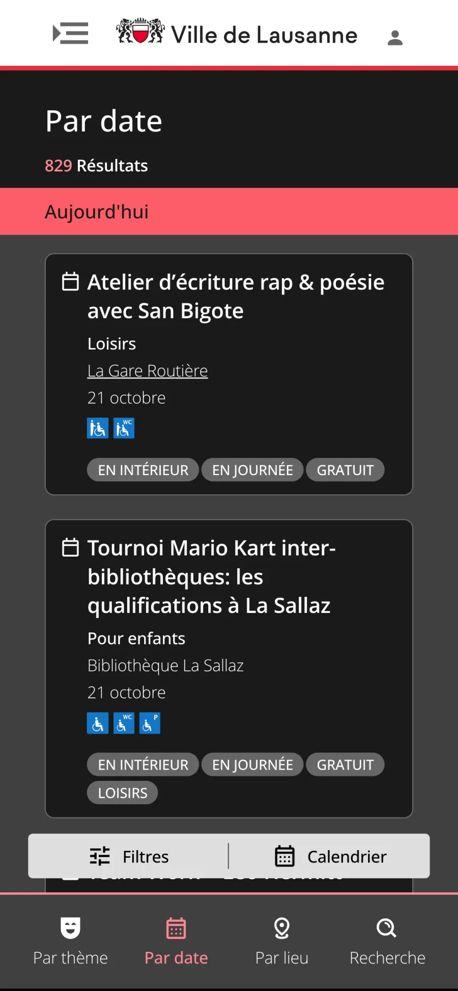 The Lausanne events calendar on mobile