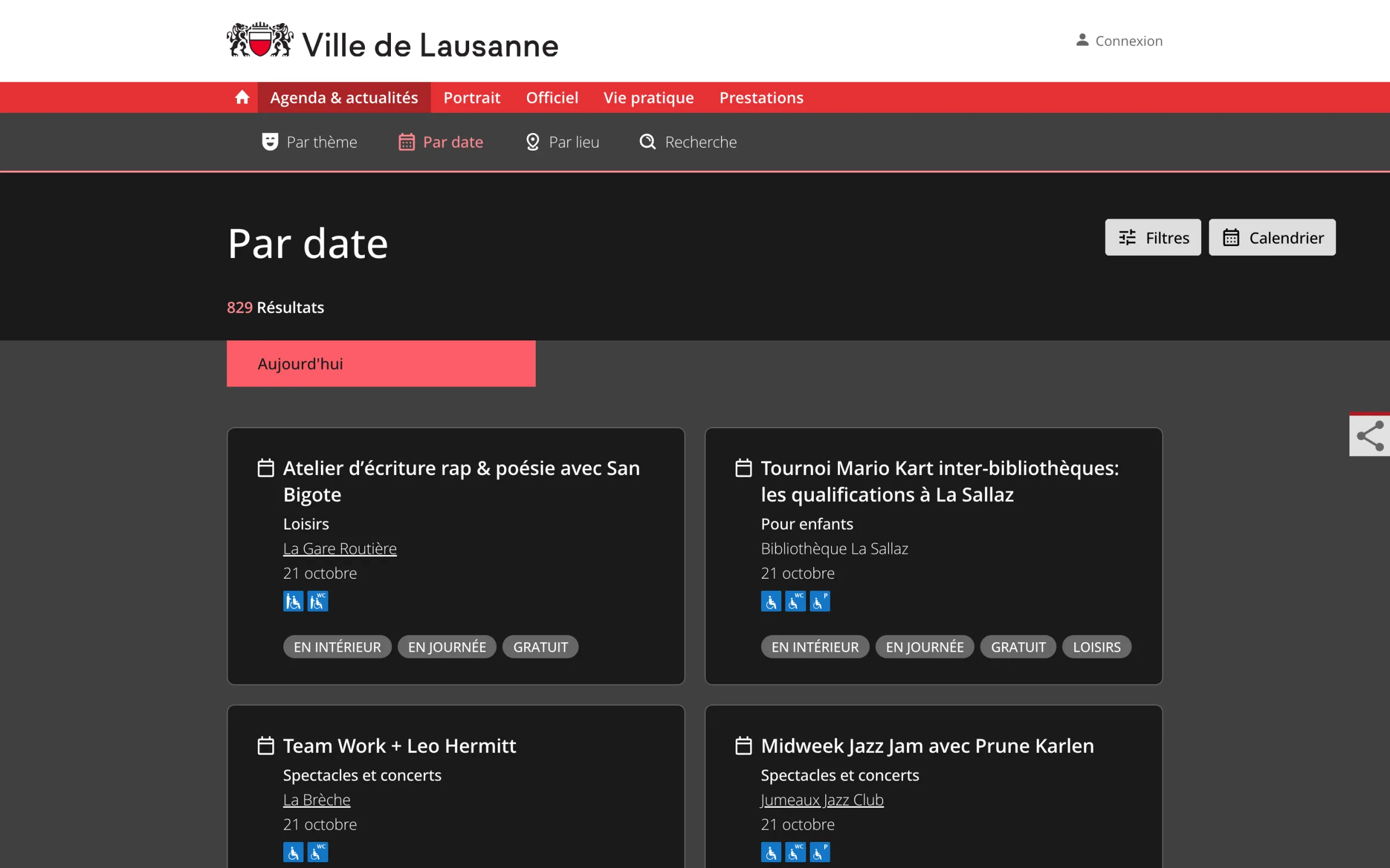 Lausanne events calendar: list of events by date with filters
