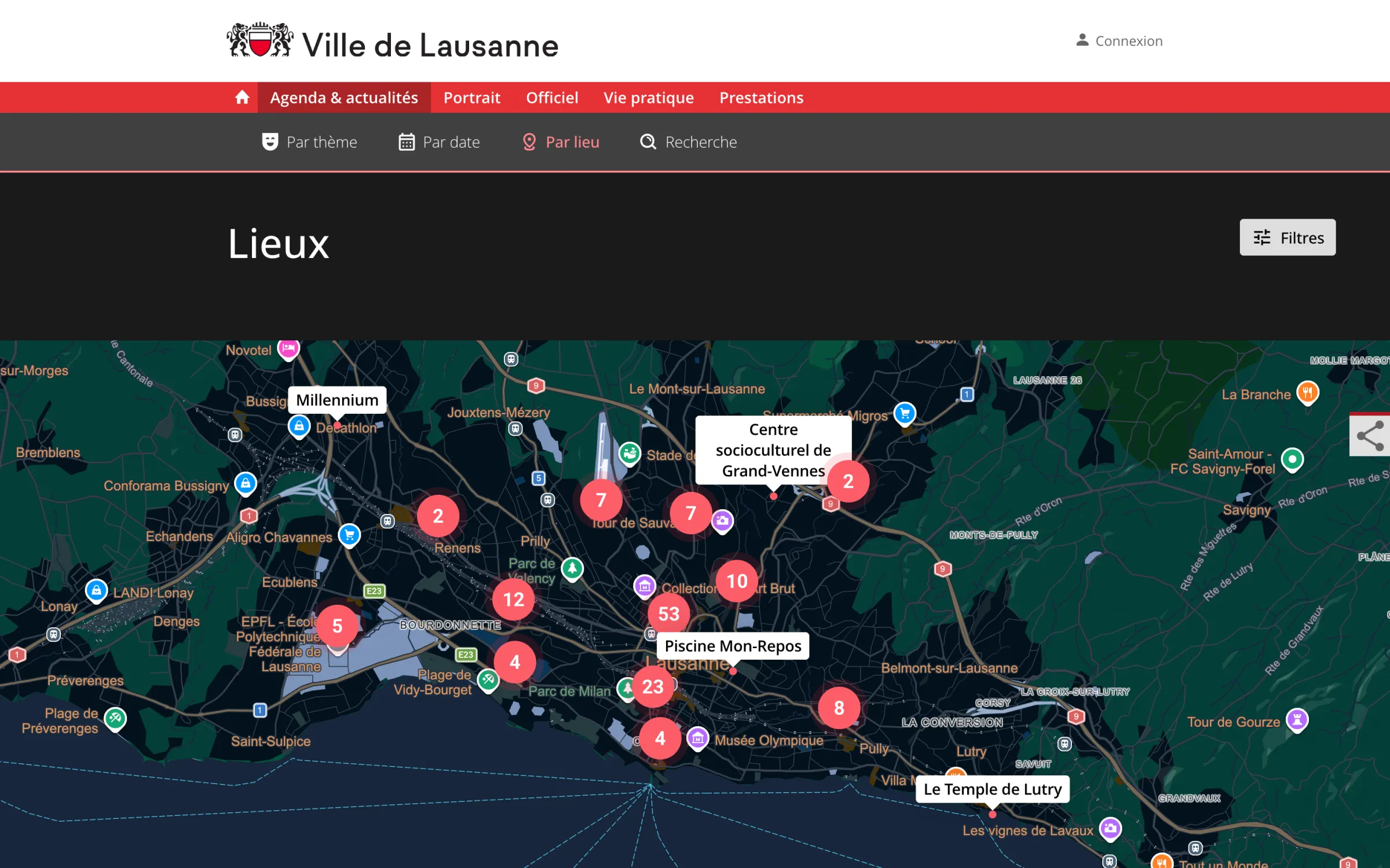 Venue map of the Lausanne events calendar, with events grouped by venue