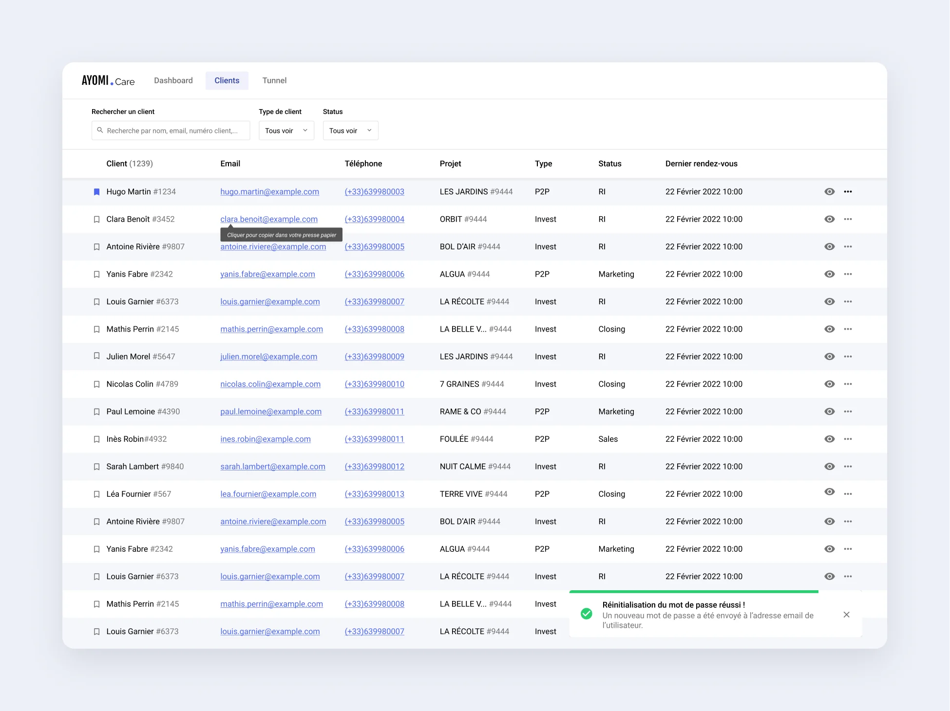 Ayomi Customer Care CRM: searchable client list with contact details, project, type and status
