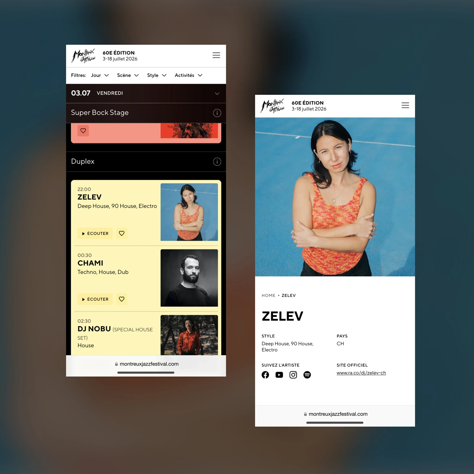 Artist cards with clips to listen to and ticket availability